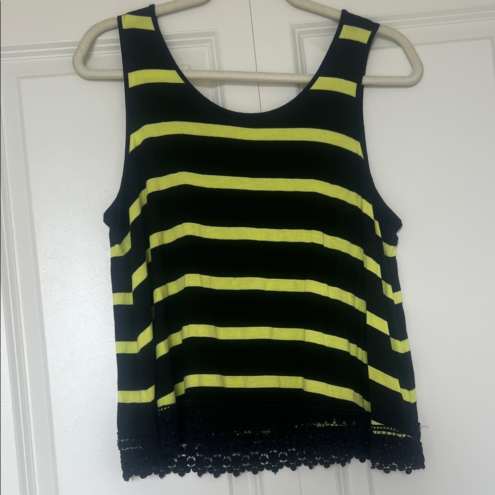 Kensie Black and Yellow Striped Crochet-Hem Tank